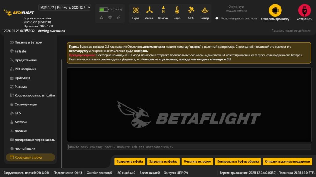 Вкладка командной строки Betaflight CLI в официальном Betaflight App 2025.12