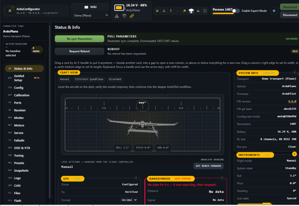 Status and Info в ArduConfigurator для ArduPlane в Demo Mode
